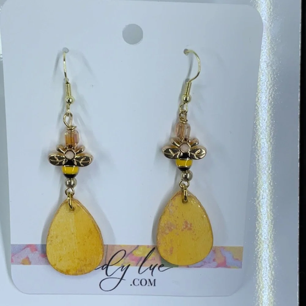 Golden Dangle Teardrop Statement Earrings with Bee Charm